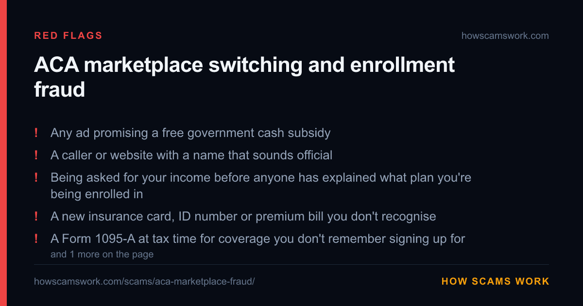 Card listing the red flags of ACA marketplace switching and enrollment fraud, from howscamswork.com