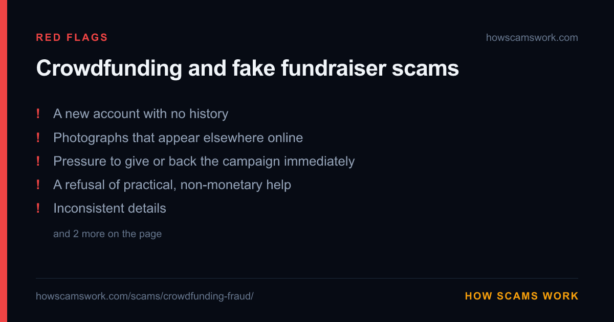 Card listing the red flags of Crowdfunding and fake fundraiser scams, from howscamswork.com