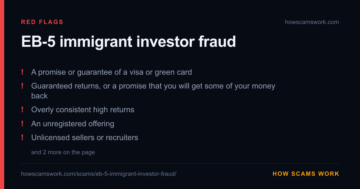 Card listing the red flags of EB-5 immigrant investor fraud, from howscamswork.com