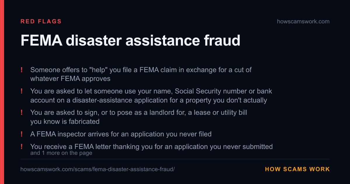 Card listing the red flags of FEMA disaster assistance fraud, from howscamswork.com