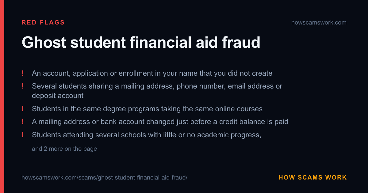 Card listing the red flags of Ghost student financial aid fraud, from howscamswork.com