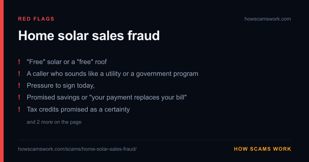 Card listing the red flags of Home solar sales fraud, from howscamswork.com