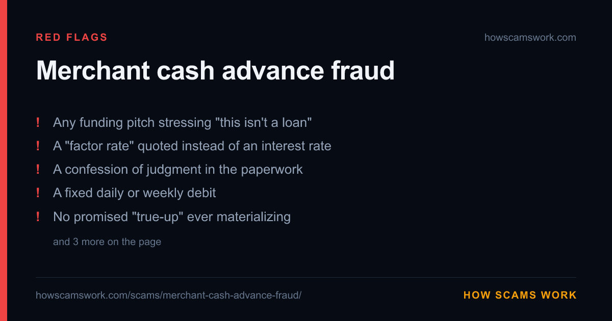 Card listing the red flags of Merchant cash advance fraud, from howscamswork.com
