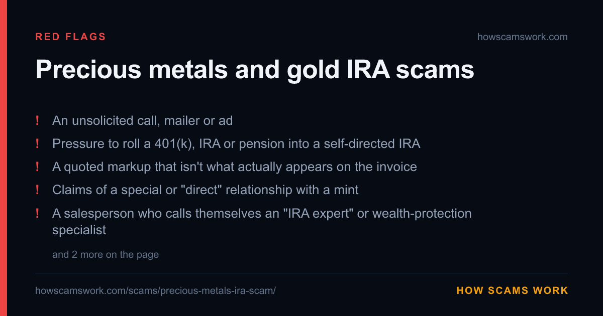Card listing the red flags of Precious metals and gold IRA scams, from howscamswork.com