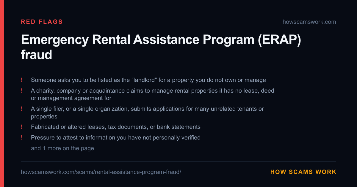Card listing the red flags of Emergency Rental Assistance Program (ERAP) fraud, from howscamswork.com
