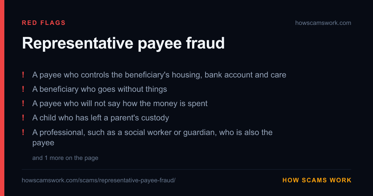 Card listing the red flags of Representative payee fraud, from howscamswork.com