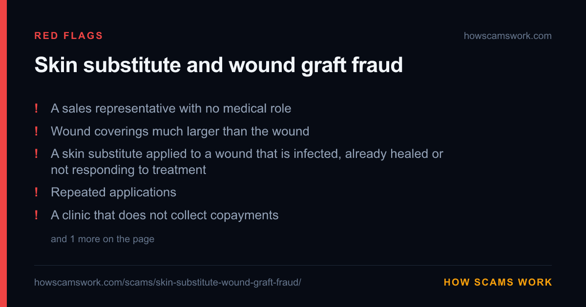 Card listing the red flags of Skin substitute and wound graft fraud, from howscamswork.com