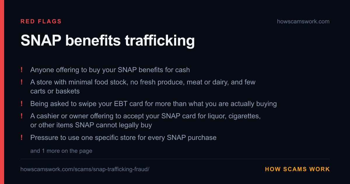 Card listing the red flags of SNAP benefits trafficking, from howscamswork.com
