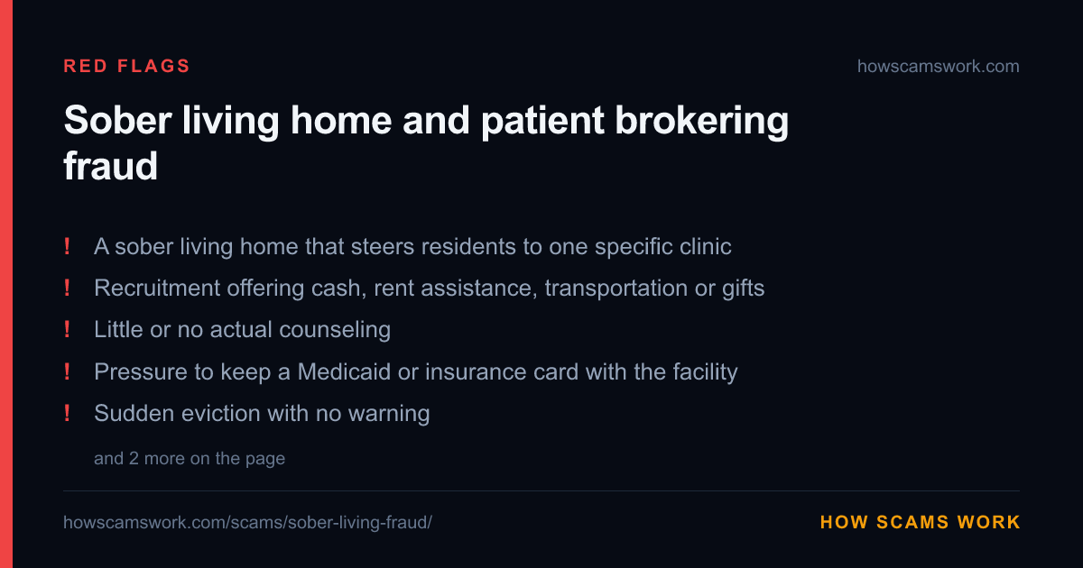 Card listing the red flags of Sober living home and patient brokering fraud, from howscamswork.com