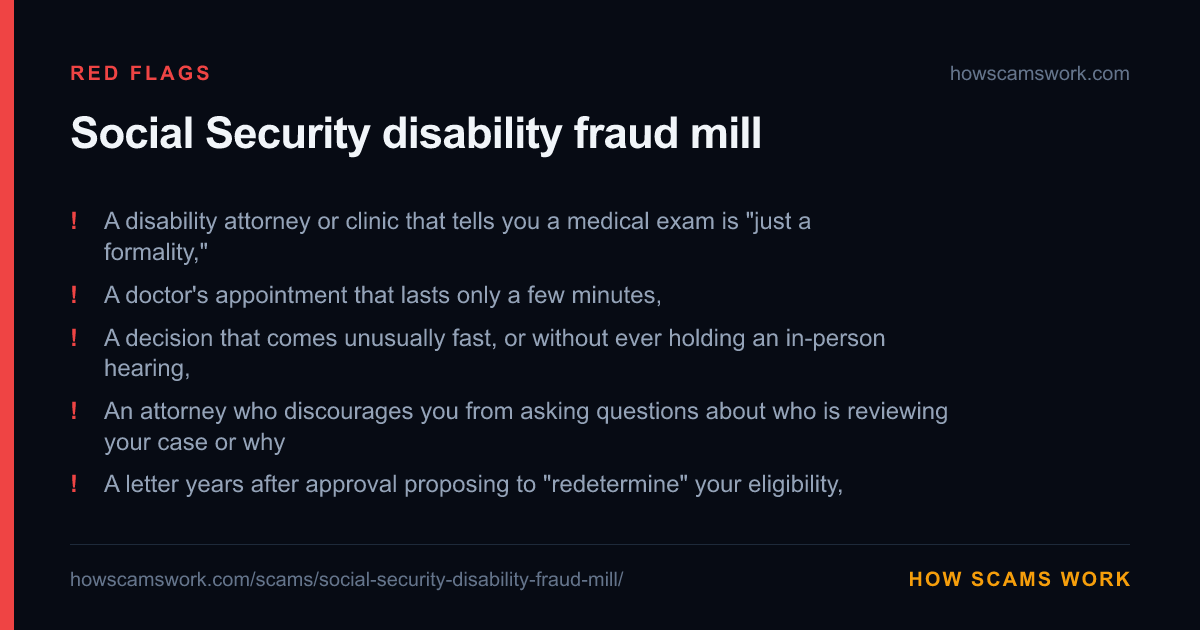Card listing the red flags of Social Security disability fraud mill, from howscamswork.com