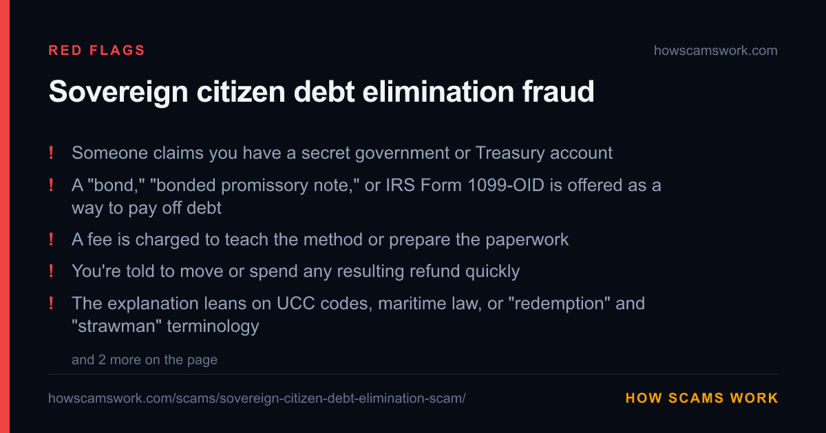 Card listing the red flags of Sovereign citizen debt elimination fraud, from howscamswork.com