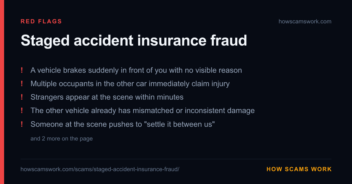 Card listing the red flags of Staged accident insurance fraud, from howscamswork.com