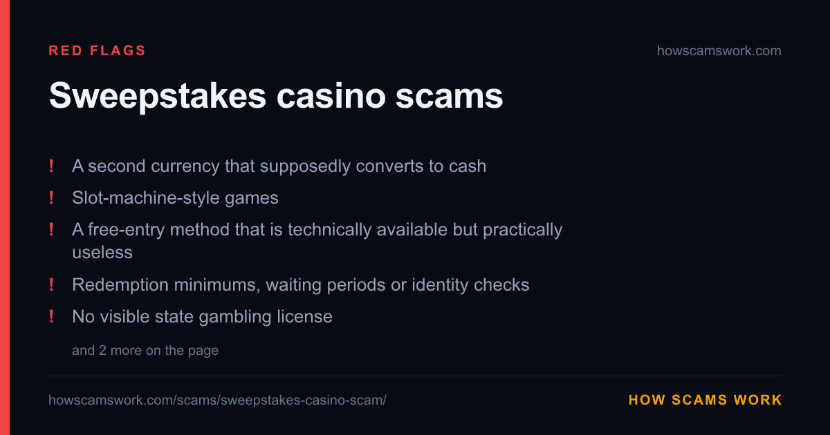 Card listing the red flags of Sweepstakes casino scams, from howscamswork.com