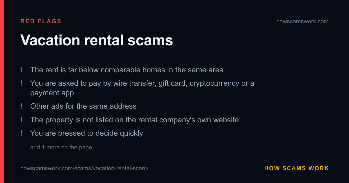 Card listing the red flags of Vacation rental scams, from howscamswork.com