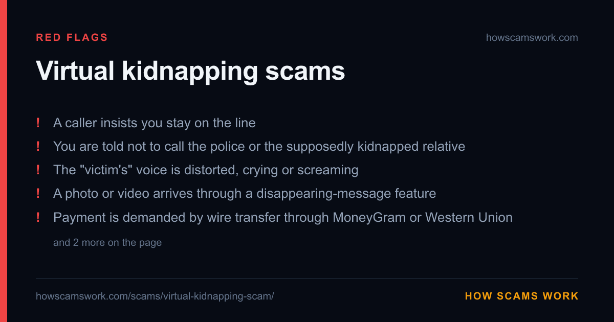 Card listing the red flags of Virtual kidnapping scams, from howscamswork.com